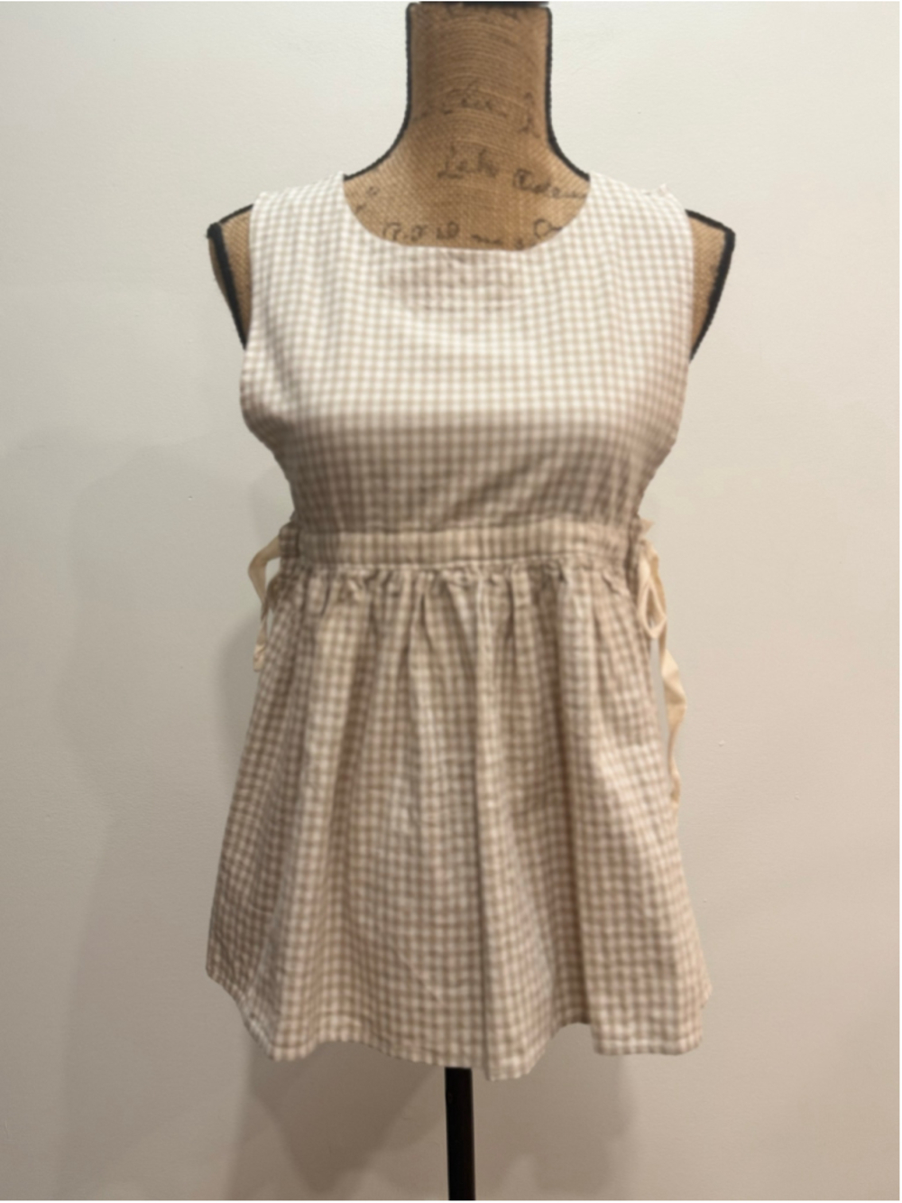 Olive Clothing Beige Gingham Plaid Side Tie Pinafore Smock Top S/M Cottagecore